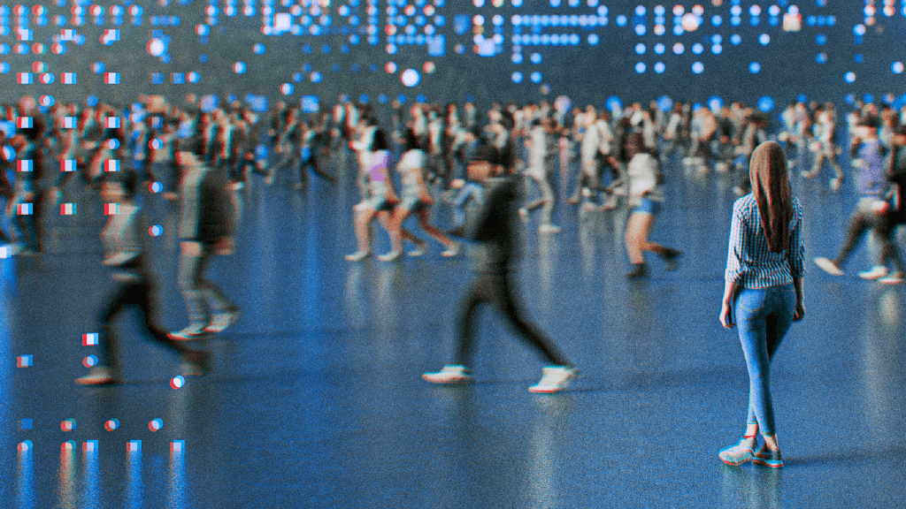 Woman from behind observes a blurry, glitching crowd in a digital environment.