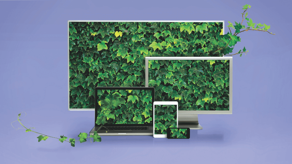 Five digital screens with green ivy screensavers on a light blue background 