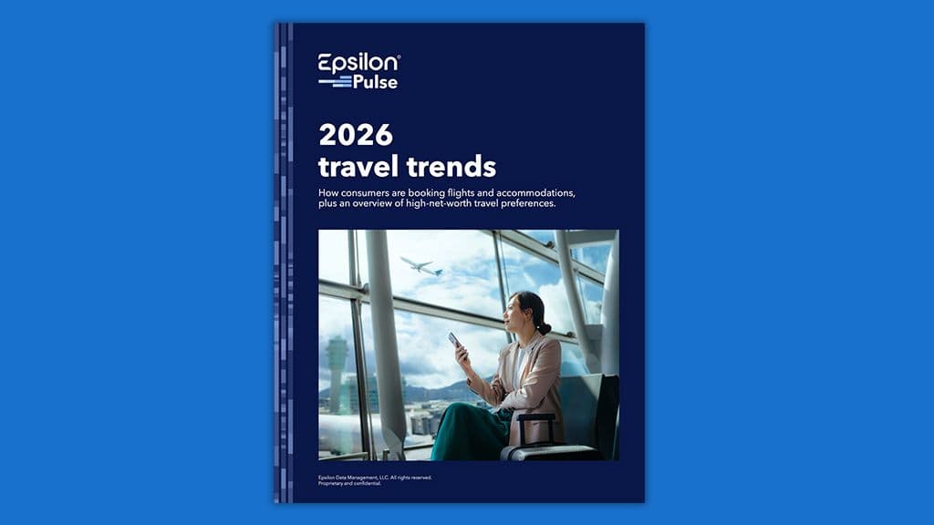 Epsilon Pulse "2026 travel trends" report cover showing a woman in an airport looking at her phone with an airplane flying outside.