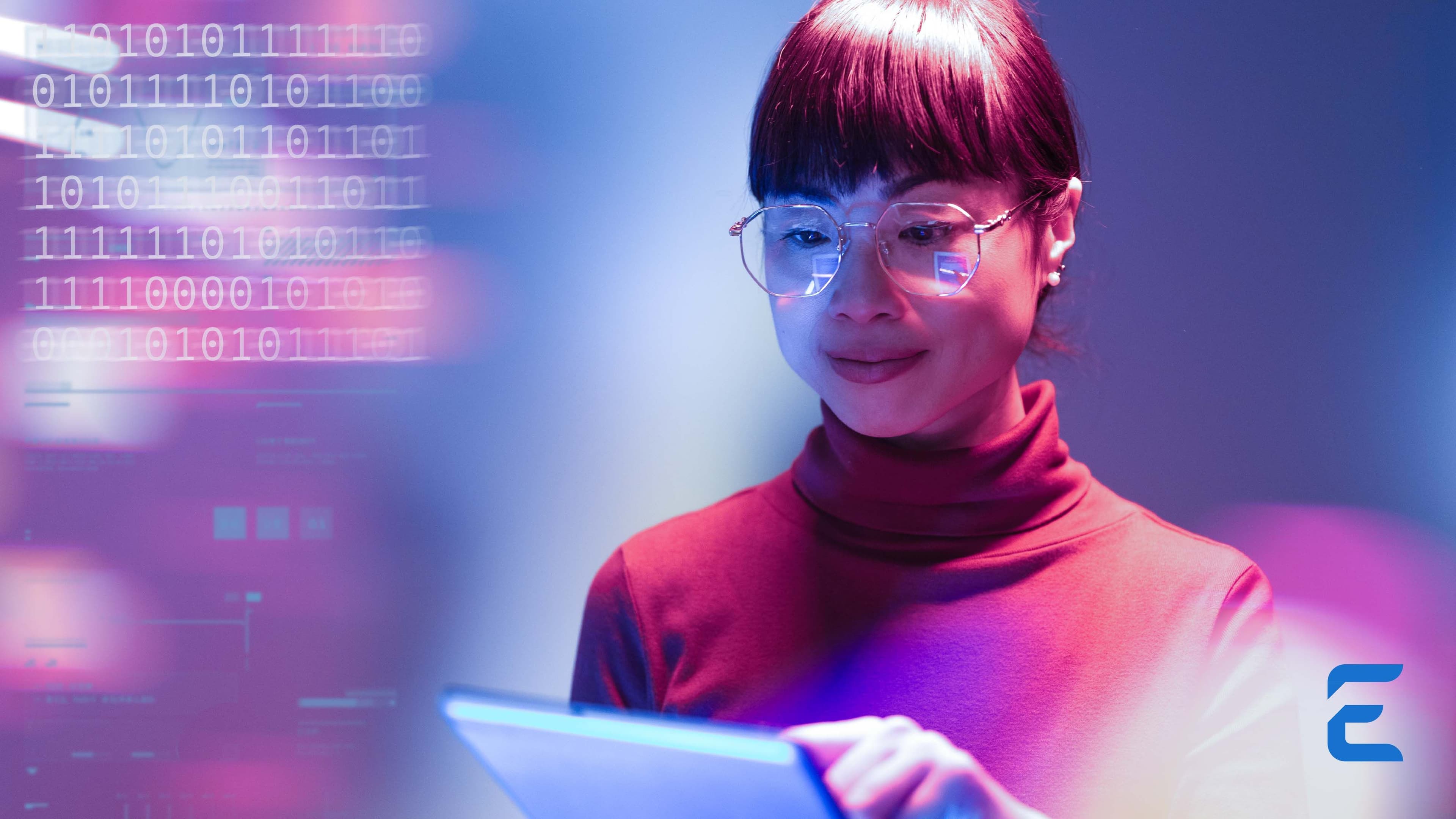 A woman in glasses uses a tablet, with binary code and digital data overlays in the background.