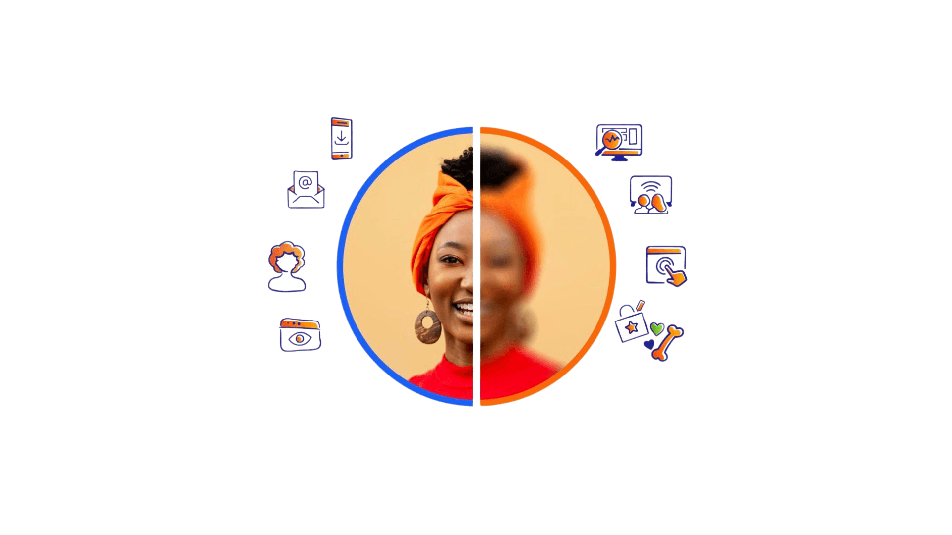 Smiling older woman with digital marketing ads for 'retailco' and an 'Epsilon enhancements' card displaying customer data points.
