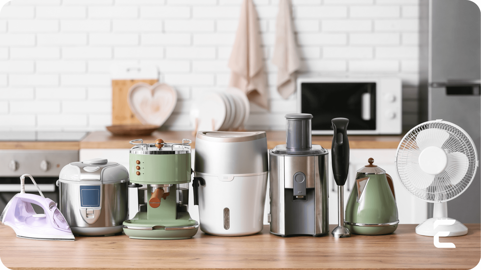 A lineup of diverse small home appliances on a kitchen counter.