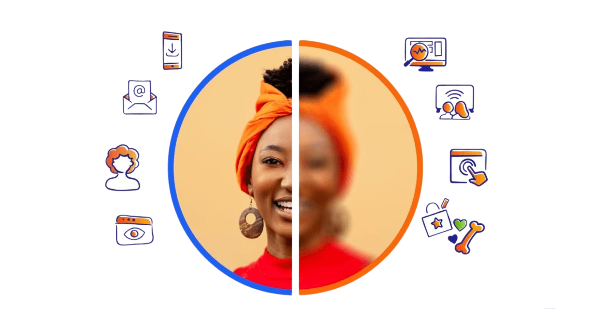 A smiling woman's face is split into a clear left half and a blurred right half, framed by blue and orange borders respectively, surrounded by digital icons.
