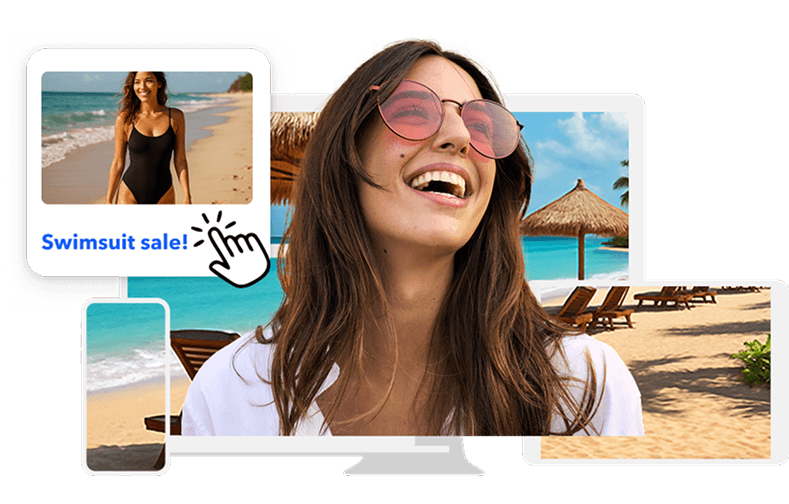 Montage of smiling woman wearing sunglasses and devices and ads