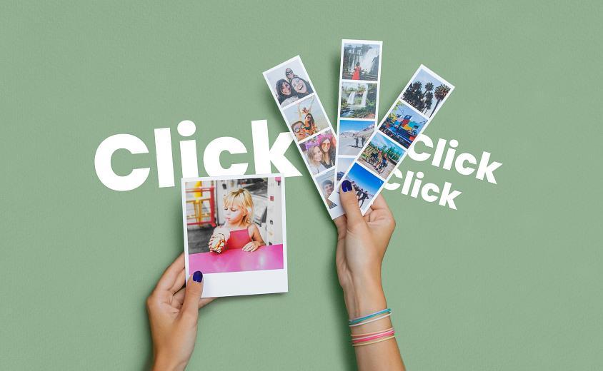 Hands holding an instant photo print and three photo strips against a green background with the word "click".
