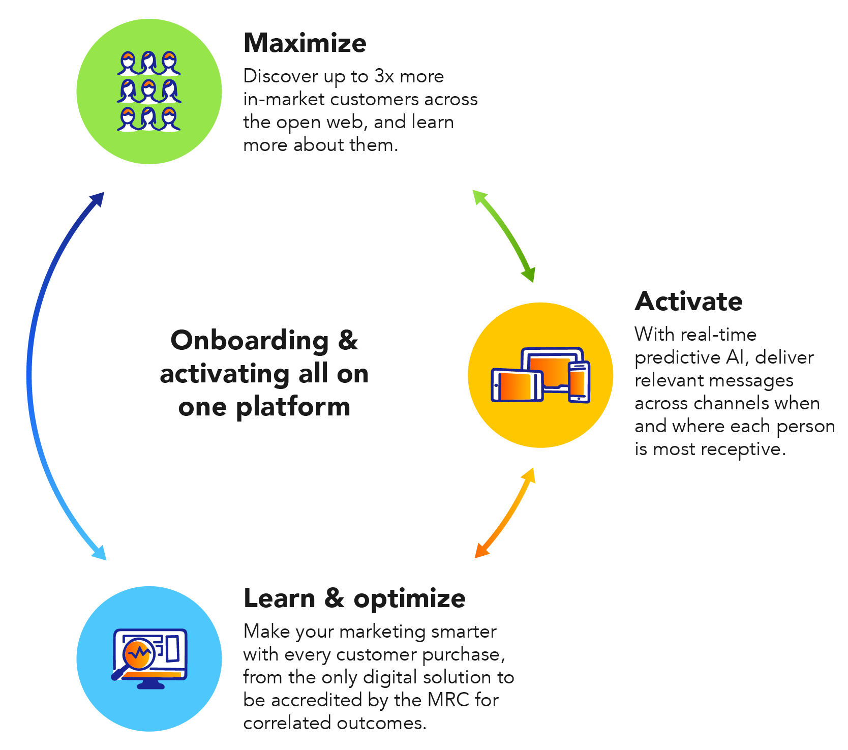 circular graphic showing how to maximize, activate, and learn & optimize on your data using the marketing agency services from Epsilon